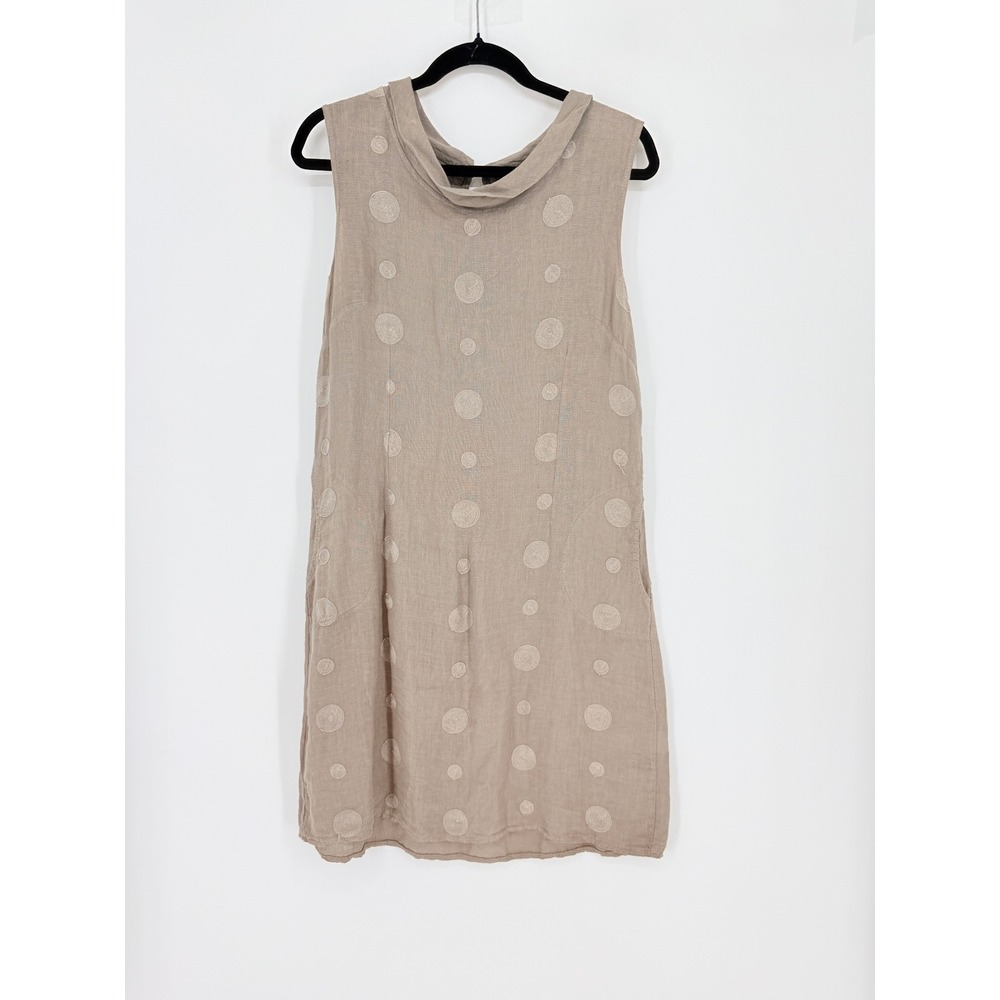 Linen Dot Shift Dress Taupe M Sleeveless Pockets Capsule Italy Summer East Coast